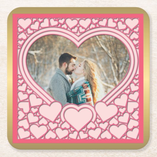 ピンクエレガントハートハッピーバレンタインデースタイリッシュ スクエアペーパーコースター (正面)