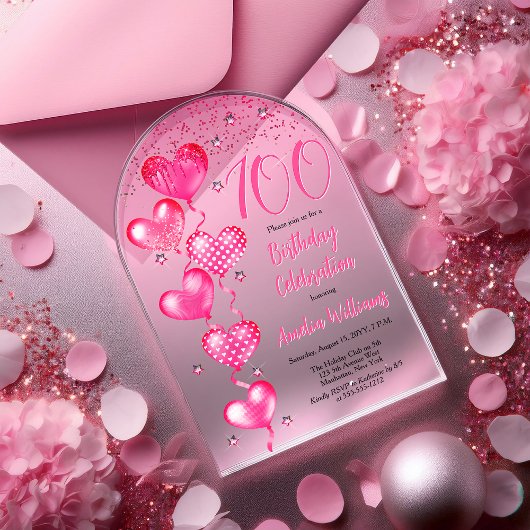 ピンクエレガントハートバルーン100th誕生日パーティー アクリル招待状