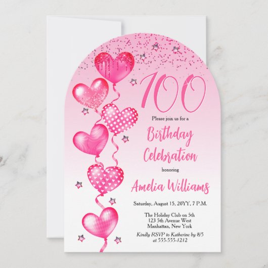 ピンクエレガントハートバルーン100th誕生日パーティー 招待状 (正面)