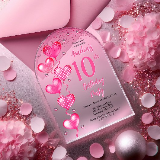 ピンクエレガントハートバルーン10th誕生日パーティー アクリル招待状