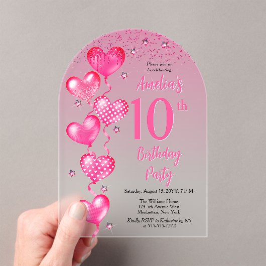 ピンクエレガントハートバルーン10th誕生日パーティー アクリル招待状 (インサイチュ (ポータブル))