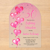 ピンクエレガントハートバルーン30th誕生日パーティー アクリル招待状 (正面)