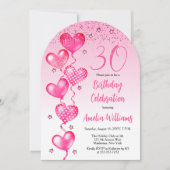 ピンクエレガントハートバルーン30th誕生日パーティー 招待状 (正面)