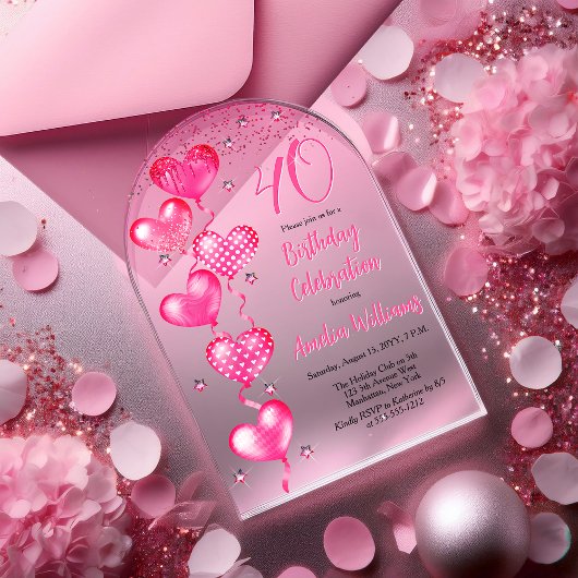 ピンクエレガントハートバルーン40歳の誕生日パーティー アクリル招待状