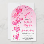 ピンクエレガントハートバルーン40歳の誕生日パーティー 招待状 (正面)