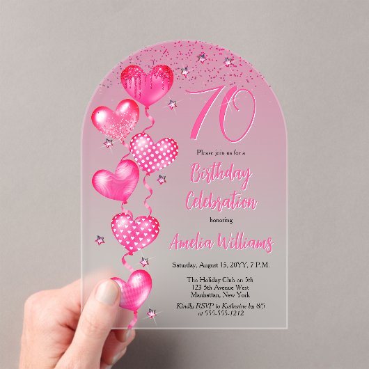 ピンクエレガントハートバルーン70th誕生日パーティー アクリル招待状 (インサイチュ (ポータブル))