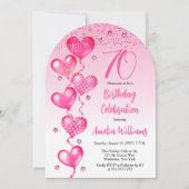 ピンクエレガントハートバルーン70th誕生日パーティー 招待状 (正面)