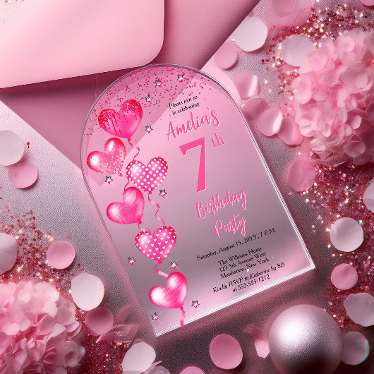 ピンクエレガントハートバルーン7th誕生日パーティー アクリル招待状