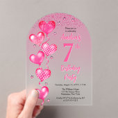 ピンクエレガントハートバルーン7th誕生日パーティー アクリル招待状 (インサイチュ (ポータブル))