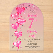 ピンクエレガントハートバルーン7th誕生日パーティー アクリル招待状 (正面)