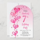 ピンクエレガントハートバルーン7th誕生日パーティー 招待状 (正面)