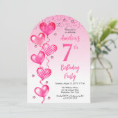 ピンクエレガントハートバルーン7th誕生日パーティー 招待状 (スタンド正面)