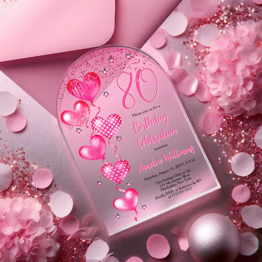 ピンクエレガントハートバルーン80th誕生日パーティー アクリル招待状