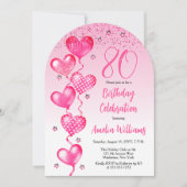 ピンクエレガントハートバルーン80th誕生日パーティー 招待状 (正面)