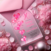 ピンクエレガントハートバルーン90th誕生日パーティー アクリル招待状