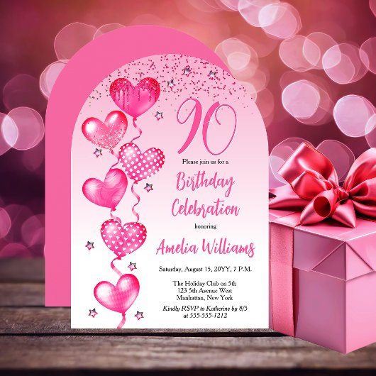 ピンクエレガントハートバルーン90th誕生日パーティー 招待状