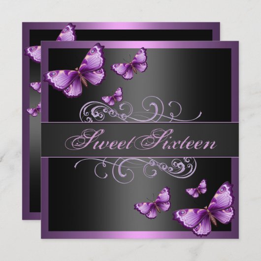 ピンクエレガントバタフライスウィート16誕生日招待状 招待状 (正面/裏面)