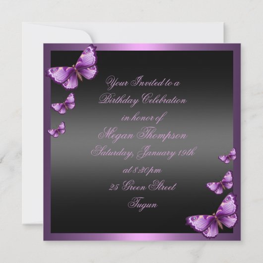 ピンクエレガントバタフライスウィート16誕生日招待状 招待状 (裏面)