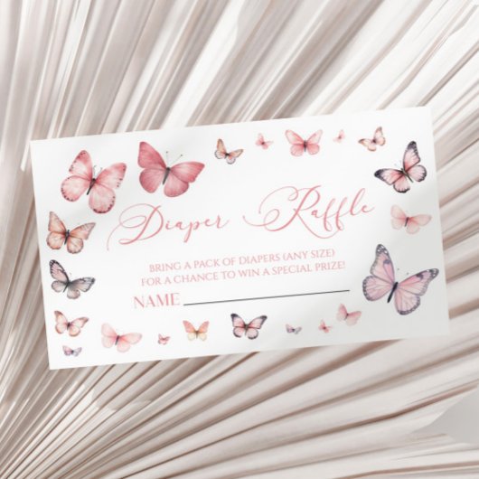 ピンクエレガントバタフライベビーシャワーおむつラッフル エンクロージャーカード