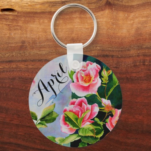 ピンクエレガントバラの水彩フローラ キーホルダー (正面)