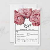 ピンクエレガントバラの食事オプションウェディングRSVPカード 出欠カード (正面)
