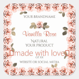 ピンクエレガントバラ白製品包装ラベル スクエアシール