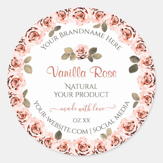 ピンクエレガントバラ白製品包装ラベル ラウンドシール (正面)