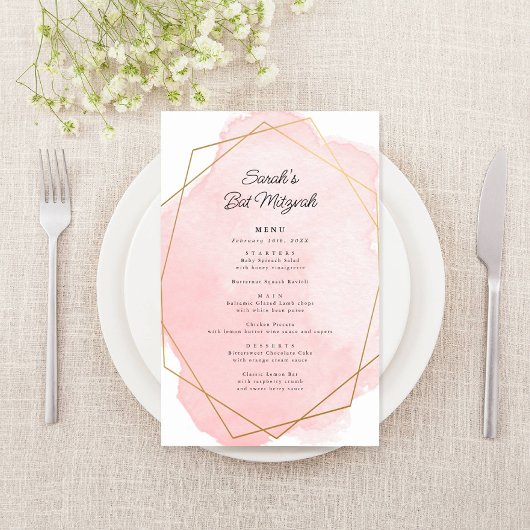 ピンクエレガントバルミツワーパーティー紙メニュー チラシ