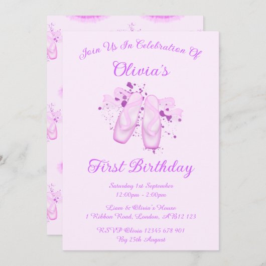 ピンクエレガントバレエ誕生日ポインテシューズ 招待状 (正面/裏面)