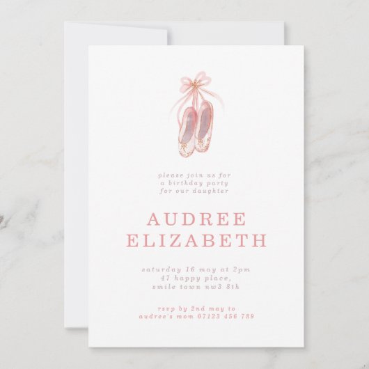 ピンクエレガントバレリーナシューズガールズバースデーパーティー 招待状 (正面)