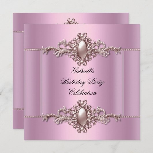 ピンクエレガントバースデーパーティーパール 招待状 (正面/裏面)