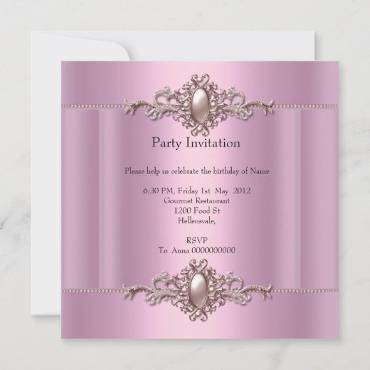 ピンクエレガントバースデーパーティーパール 招待状 (裏面)