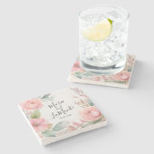 ピンクエレガントパステルウォーターカラーフローラ結婚ズ ストーンコースター (横)