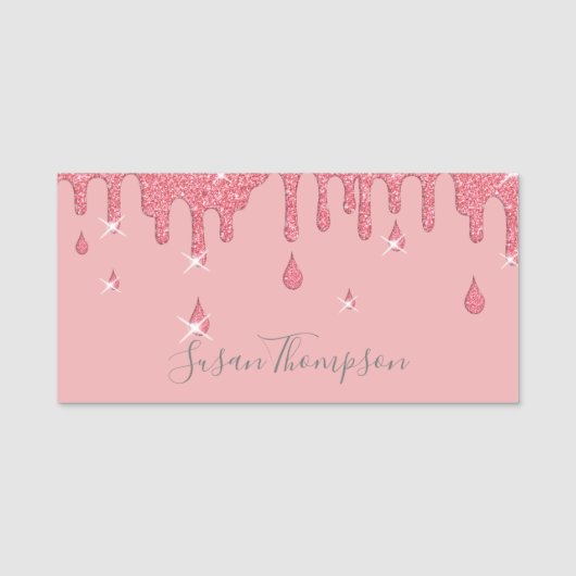 ピンクエレガントパーソナライズされたのグリッター効果 名札 (正面)