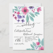 ピンクエレガントパープルウォーター色のフローラ結婚ズ 招待状 (正面)