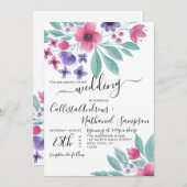 ピンクエレガントパープルウォーター色のフローラ結婚ズ 招待状 (正面/裏面)