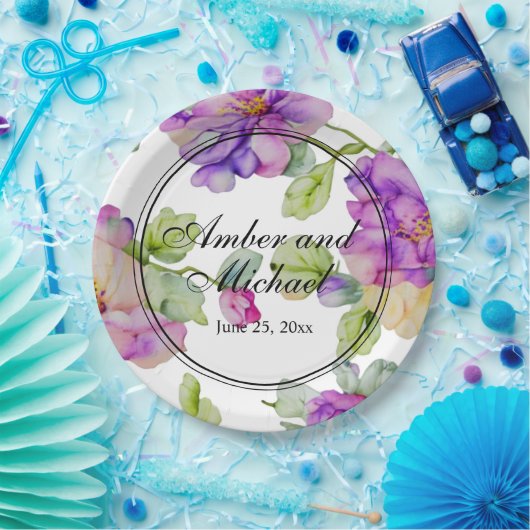 ピンクエレガントパープルウォーター色のフローラ結婚 ペーパープレート (パーティー)