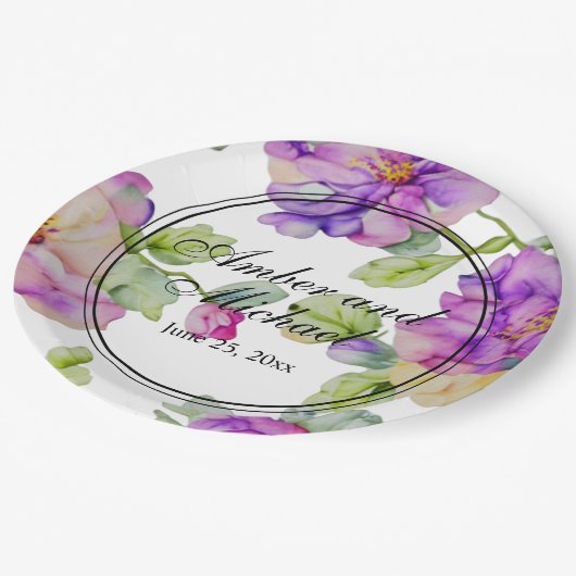 ピンクエレガントパープルウォーター色のフローラ結婚 ペーパープレート (アングル)