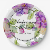 ピンクエレガントパープルウォーター色のフローラ結婚 ペーパープレート (正面)