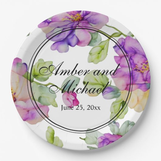 ピンクエレガントパープルウォーター色のフローラ結婚 ペーパープレート (正面)
