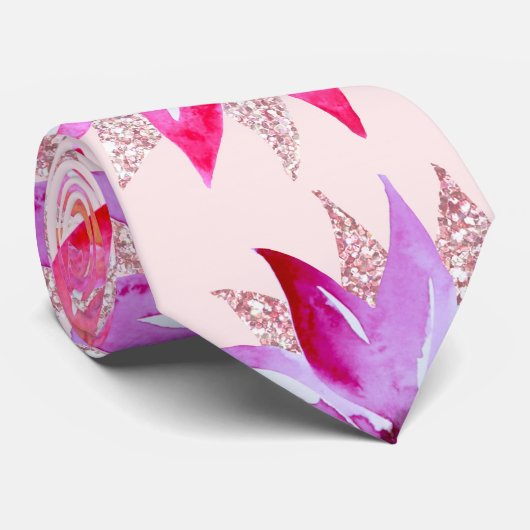 ピンクエレガントパープルグリッター水彩花 ネクタイ (ロール)
