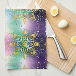 ピンクエレガントパープルグリーンホリデースノーフレークの星 キッチンタオル