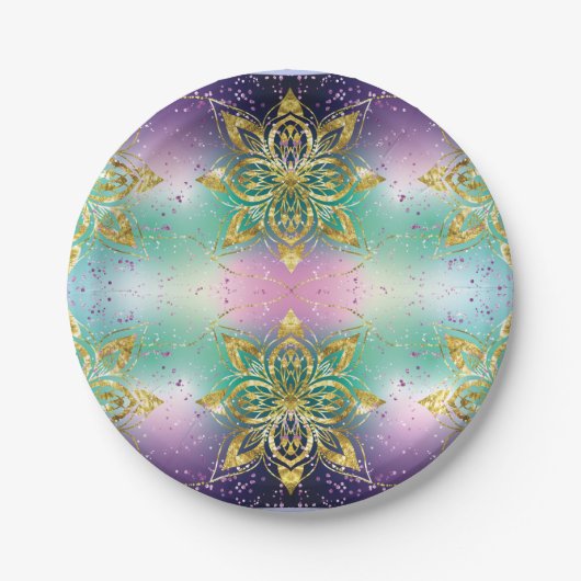 ピンクエレガントパープルグリーンホリデースノーフレークの星 ペーパープレート (正面)