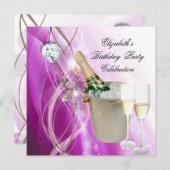 ピンクエレガントパープルシルバーグリッター誕生日パーティー 招待状 (正面/裏面)