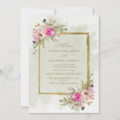 ピンクエレガントパープルセージ緑葉の金ゴールド 招待状 (正面)