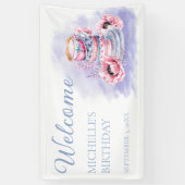 ピンクエレガントパープルティーパーティー誕生日へようこそ 横断幕 (縦)