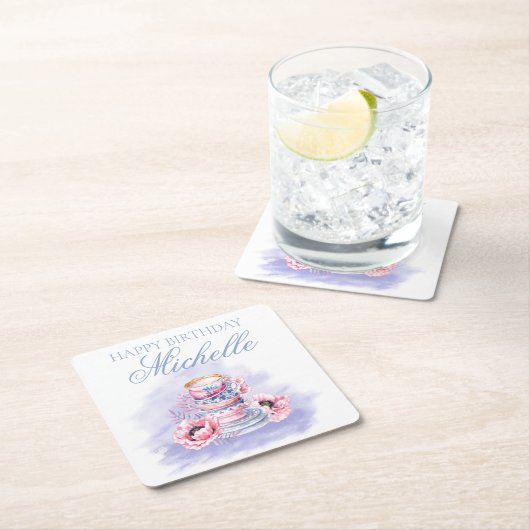 ピンクエレガントパープルハッピーバースデーティーパーティー スクエアペーパーコースター (インサイチュ)