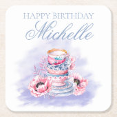 ピンクエレガントパープルハッピーバースデーティーパーティー スクエアペーパーコースター (正面)
