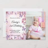ピンクエレガントパープルバタフライ誕生日写真 招待状 (正面)