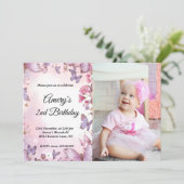 ピンクエレガントパープルバタフライ誕生日写真 招待状 (スタンド正面)